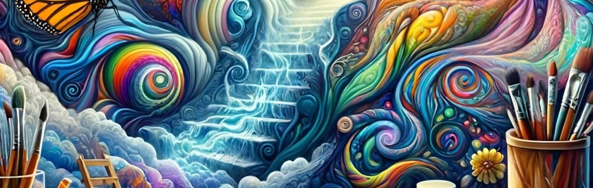 Digital art depicting art materials and stairs leading upward to a bright light with psychedelic inspired images surrounding a being moving towards the source of light.