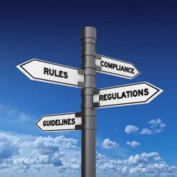 Sign post with rules, compliance, regulations and guidelines