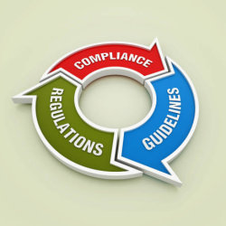 The words Compliance, Guidelines and Regulations within arrows completing a circle
