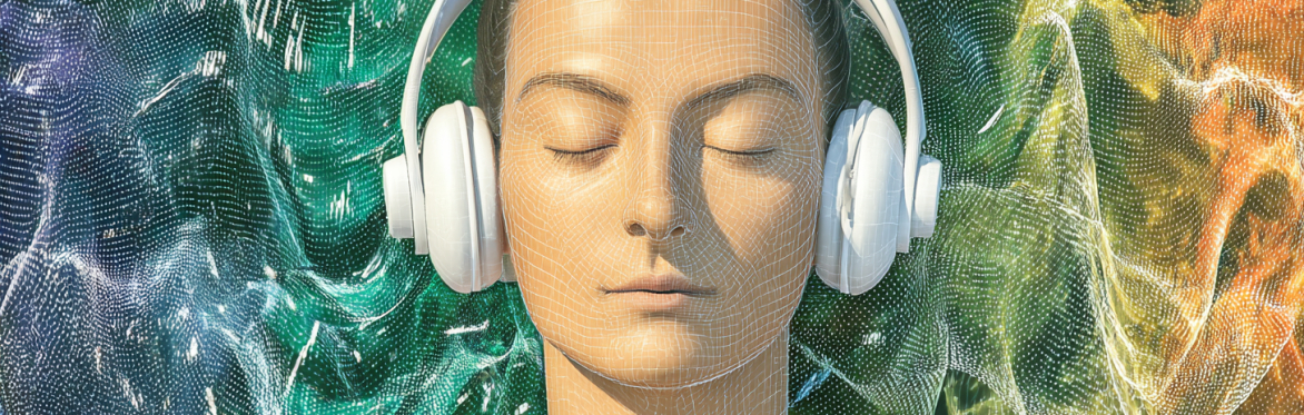 a figure with headphones with a green, blue, indigo spectrum background