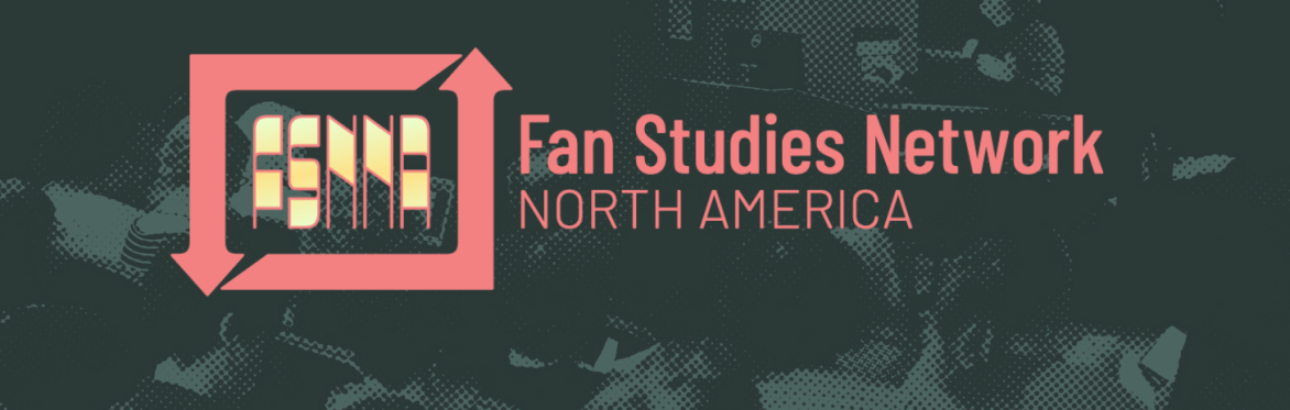 pink and yellow logo of Fan Studies Network North America against dark background featuring an audience listening to a keynote speaker