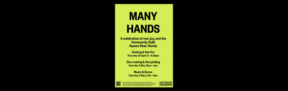 The words MANY HANDS in black on a bright green-yellow background