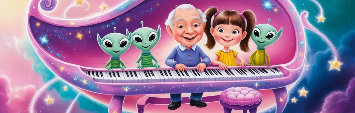 Three green aliens, a grandpa and a little girl with brown hair stand behind a piano which looks like a space ship. A small stool sits in front of the piano waiting to be played.