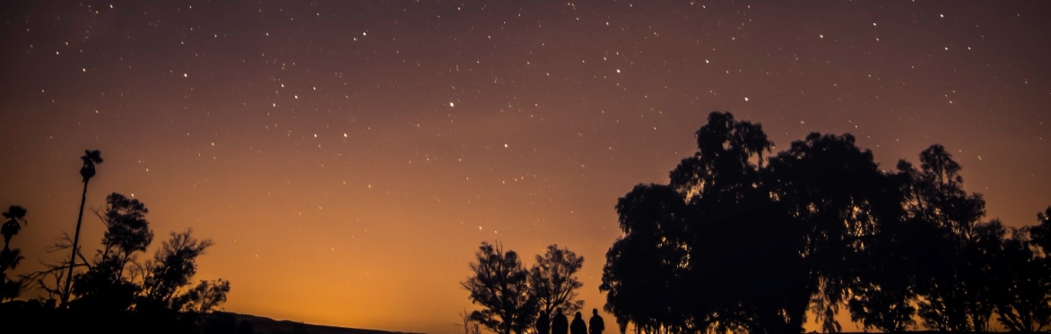 A photo of a starry night, with an orange and pink sunset glow. There are trees and a group of people silhouetted in the foreground