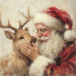 Illustration of Santa stroking a reindeer's cheek