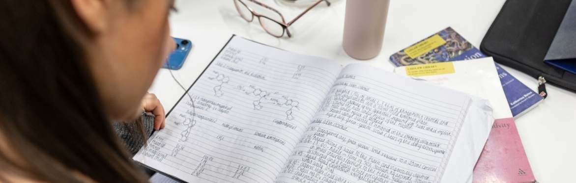 Student studying making notes in notebook