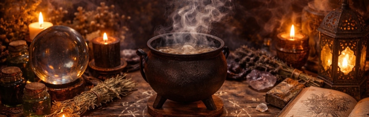 cauldron, smoke, candles, sage, sigils, a witches altar