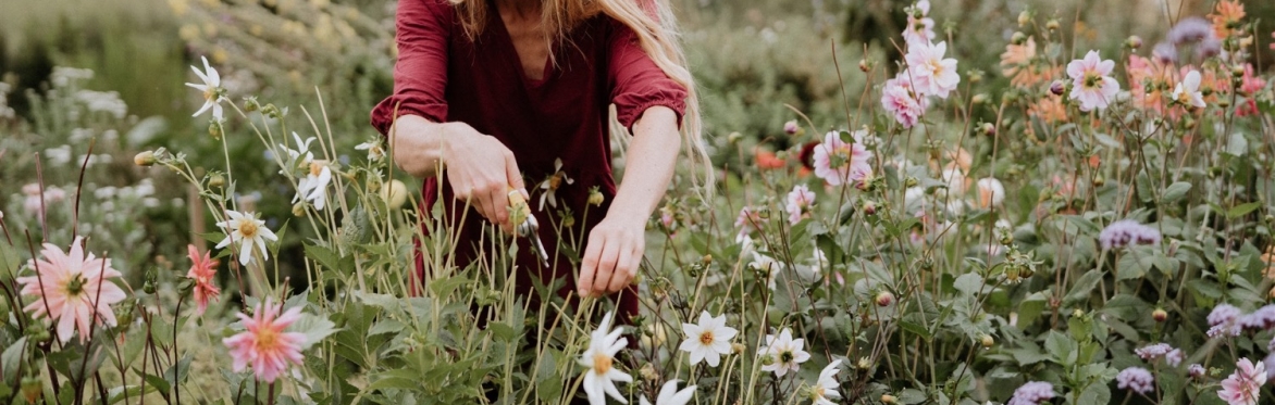 Woman picking flowers in flower garden