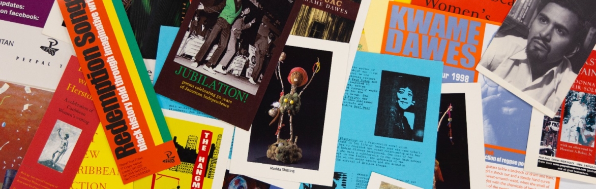 A selection of colourful archival materials relating to Peepal Tree Press, including flyers and photographs.