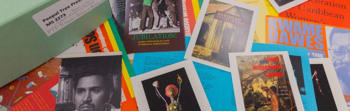 A selection of colourful archival materials relating to Peepal Tree Press, including flyers and photographs.