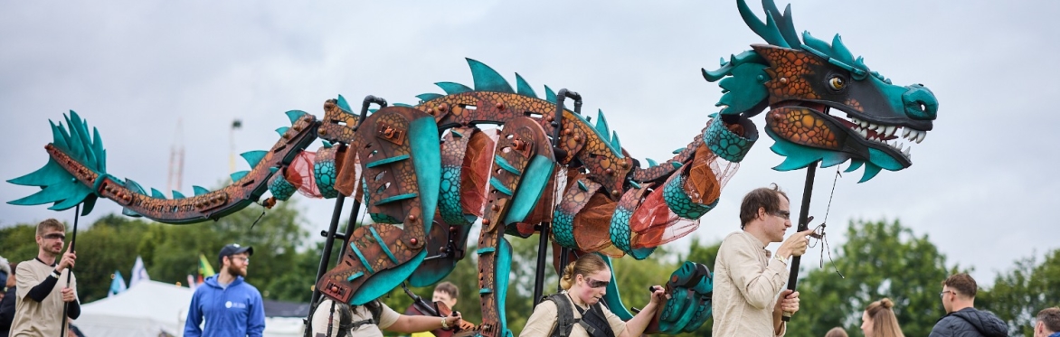 Imagineer's Transformations Participants Operating Brimstone The Dragon at Coventry's Godiva Festival 2024 - Photo Credit - Andrew Moore