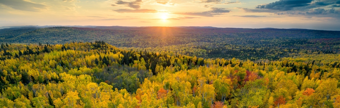 Sunset over a valley full of fall color