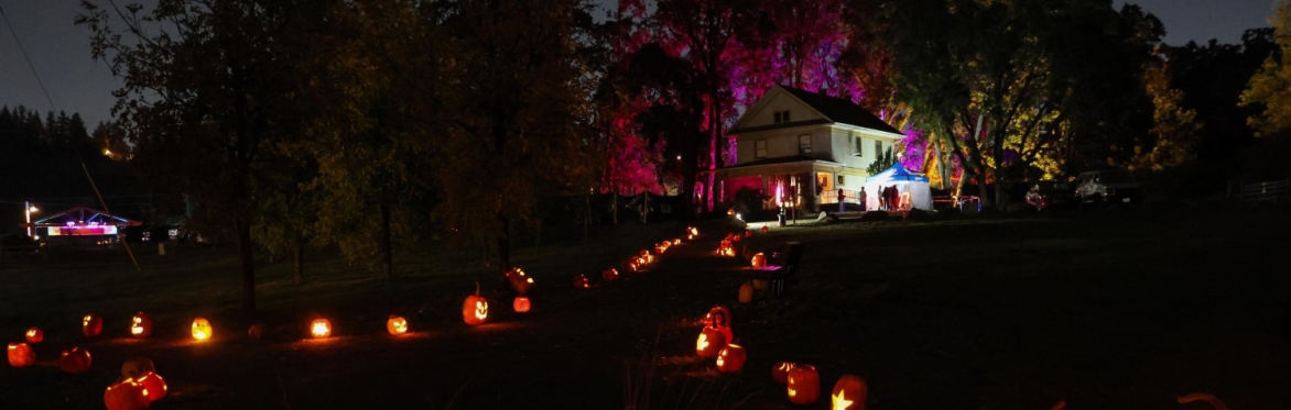 A house sits illuminated at the top of a hill, with a pumpkin-lit path.