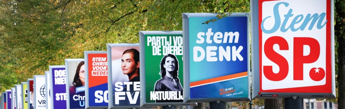 a tree lined street with party campaign posters