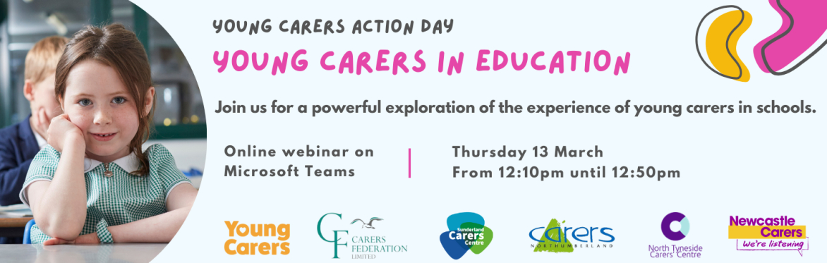 Young Carers in Education Webinar banner, young girl wearing green school uniform listening in class