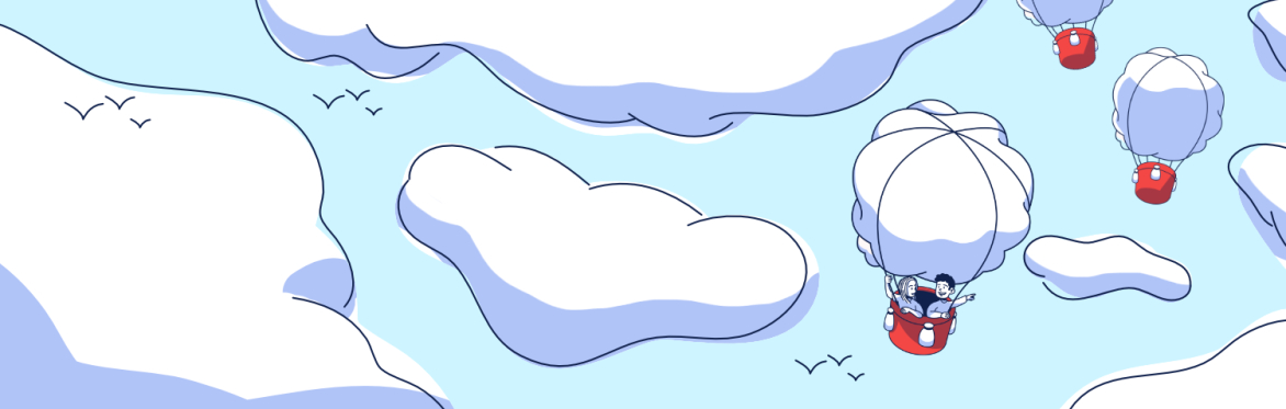 An illustration with hot air balloons, clouds and sky