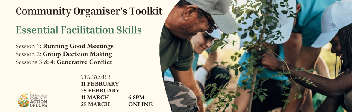 An image containing CAG Oxfordshire logo and details of the events series (Community Organiser's Toolkit). A photo shows a group of people planting a tree together.