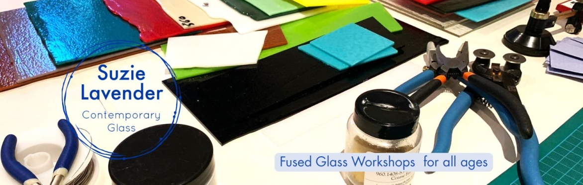 Selection of glass materials and caption 'fused glass for all ages'