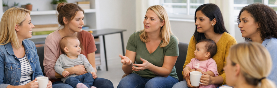 A group of mums sat around a table in a discussion