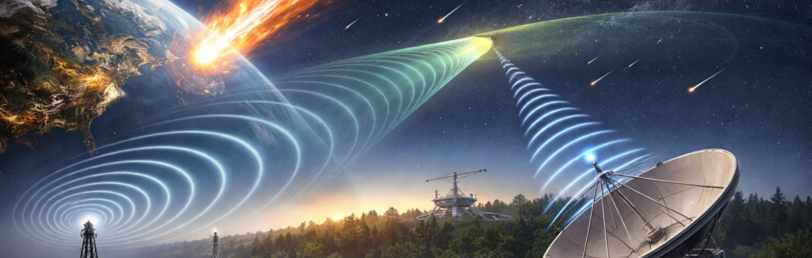 Meteor streaks into Earth’s atmosphere, creating ionised trail. Radio waves from transmitters reflect off the trail toward receivers and dish antennas, with signals visualised on screens