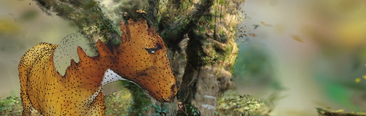 A digitally rendered horse and car in a woodland