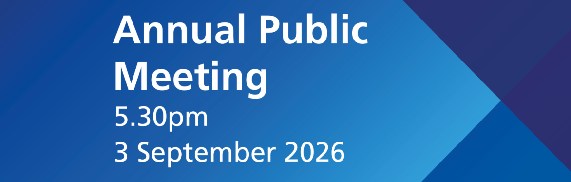 White text on a blue background reads: Annual public meeting, 5.30pm 3 September 2026