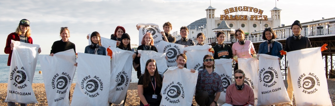 A group of students stood together on Brighton beach with litter picking bags in from of the Palace Pier