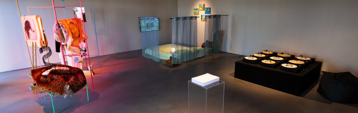 Gallery space with artwork installations