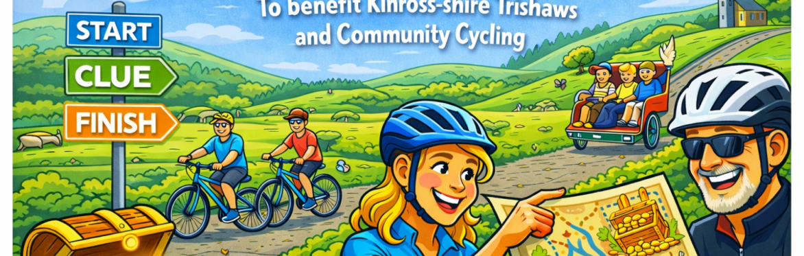 Two adult cyclists looking at the treasure hunt map with a treasure chest nearby. Children cycling along a path behind them.