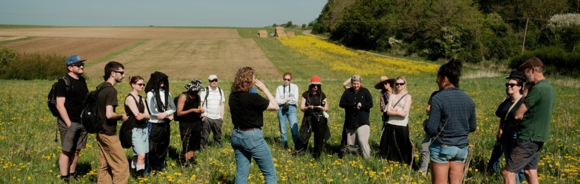 image of british pasture leather field day, group of participants standing in a sunny field listening to one of the experts.
