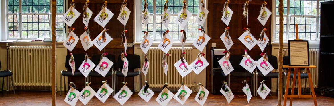 Image of an art installation which includes a goal post frame with rows of printed images hanging from the cross bar