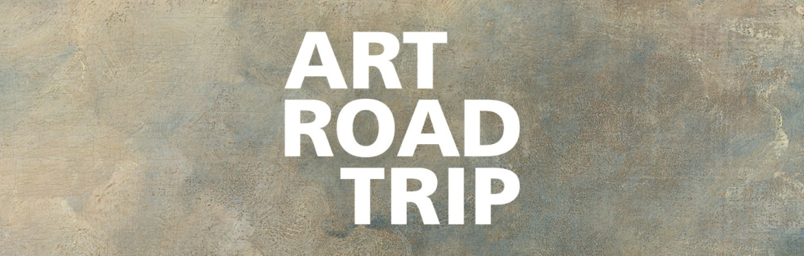 The words Art Road Trip in white are laid over a textural painting of clouds.