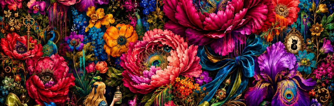 alice in wonderland, with bright pink purple and blue flowers