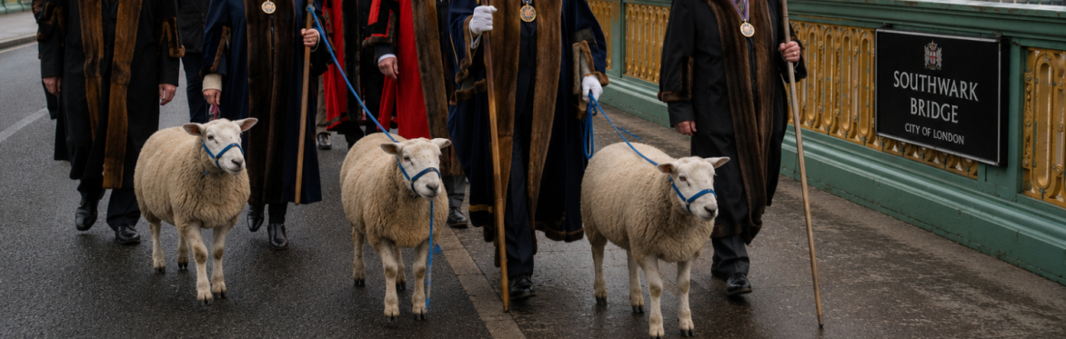 Masters and sheriffs walking sheep across Southwark Bridge.