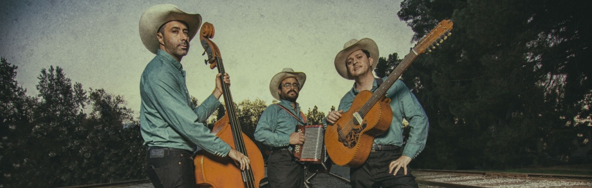 Three musicians in cowboy hats standing with their instruments in a natural setting at dusk
