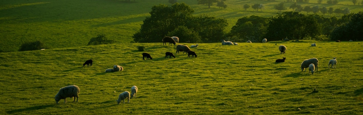 Grazing sheep in a green field