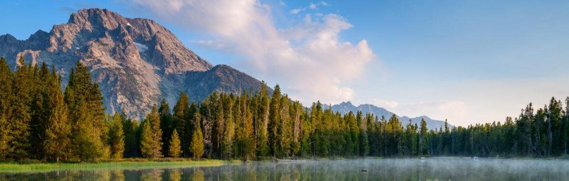 Mount Moran in Grand Teton National Park at sunrise.