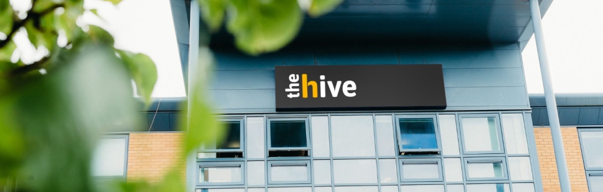 the hive logo on the building outside with leaves/tree