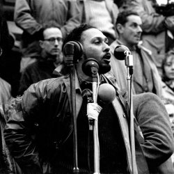 Detail of Stuart Hall speaking at CND Rally, c.1960.