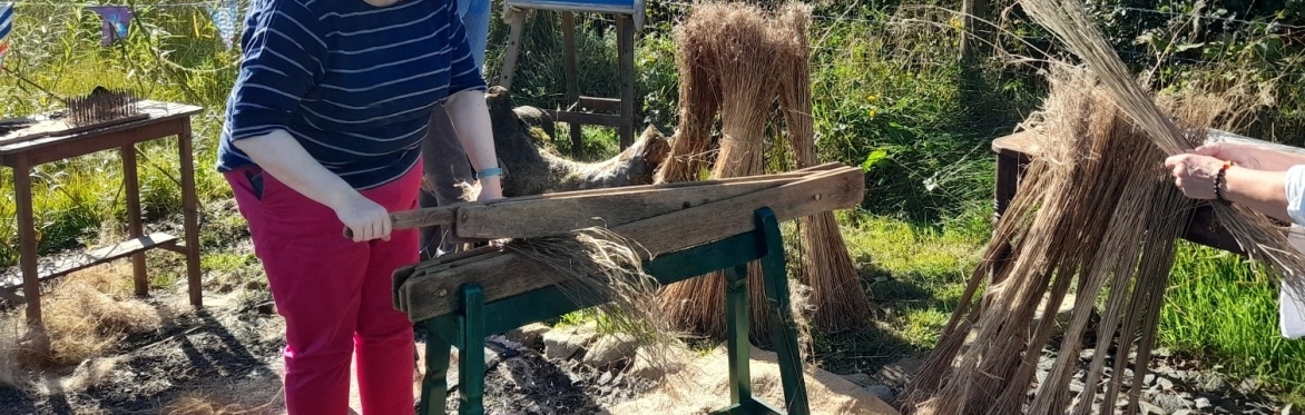 A person operates a vintage flax break surrounded by sheaves of flax