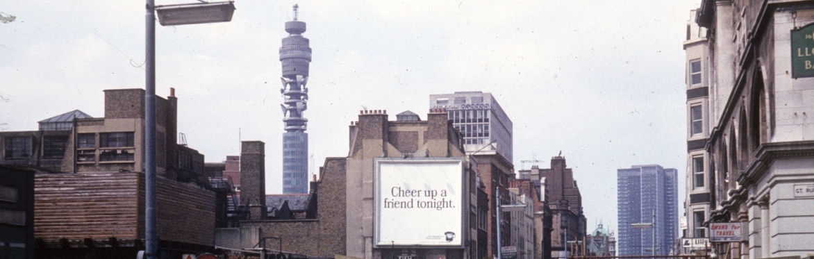 1970s view of the tower as seen from the junction of Tottenham Court Road and Great Russell Street