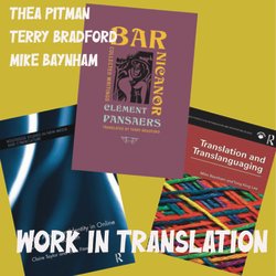 3 book covers with authors names and title of event, Work in translation.