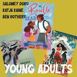 3 book covers with authors names and title of event, Young adults.