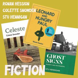 3 book covers with authors names and title of event, fiction