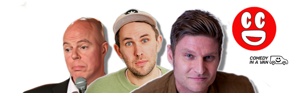 Rachel Fairburn, Andy Askins and Danny McLoughlin next to a Didsbury Comedy Club logo