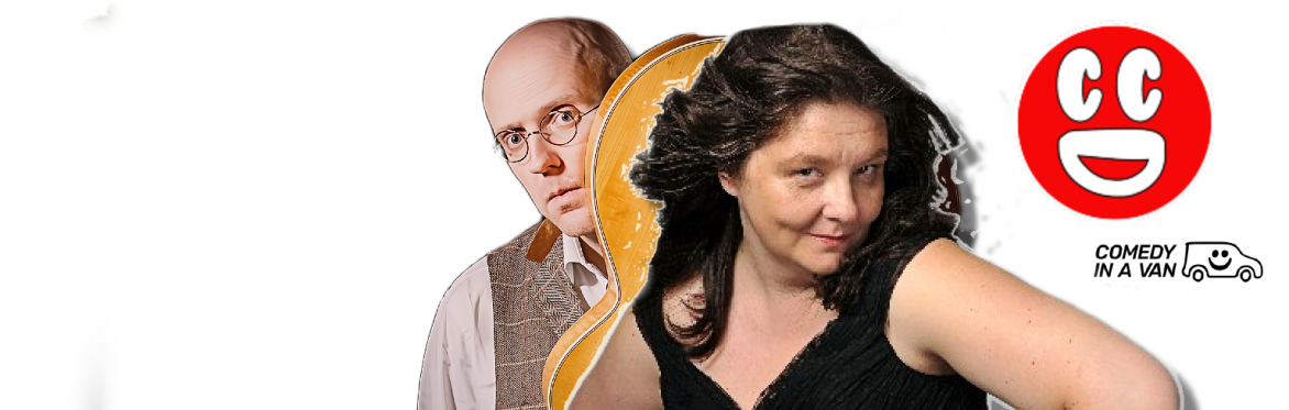 Silky and Maureen Younger next to a Didsbury Comedy Club logo