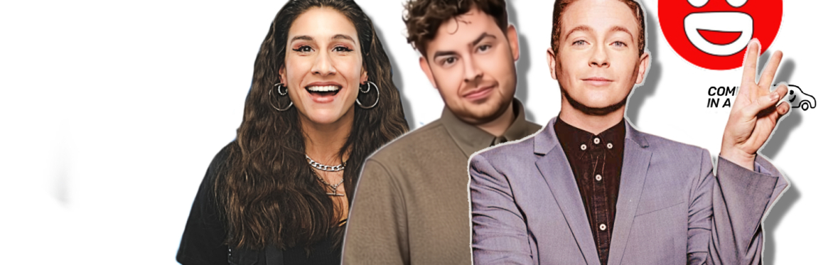 Louise Young, Brennan Reece and Stphen Bailey next to a Didsbury Comedy Club logo