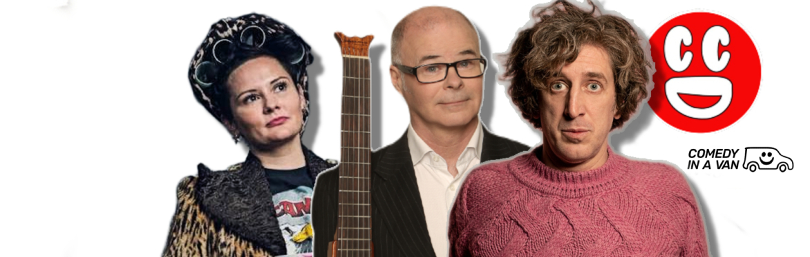 Rachel Fairburn, Andy Askins and Danny McLoughlin next to a Didsbury Comedy Club logo