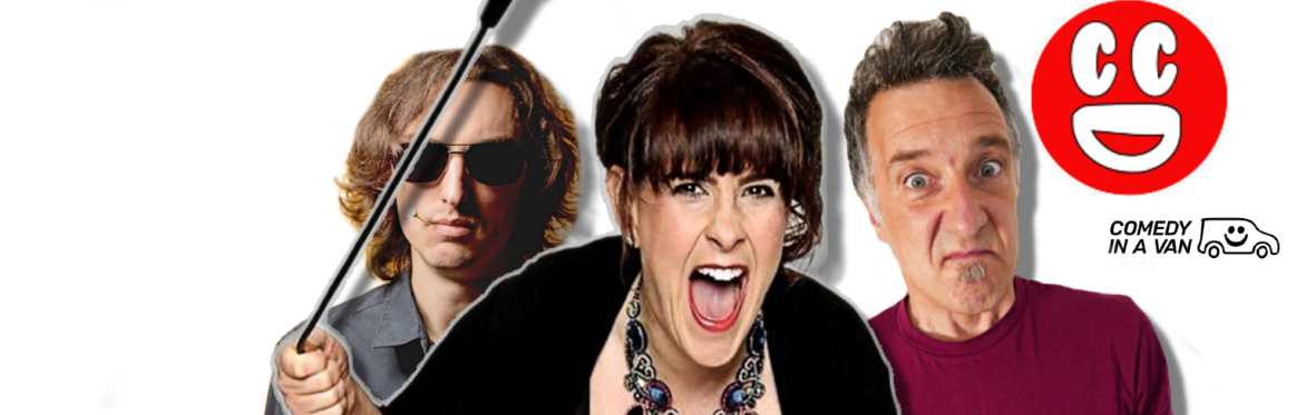 Peter Brush, Allyson June Smith and Duncan Oakley next to a Didsbury Comedy Club logo