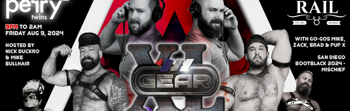 A collage photo with text, featuring two men (the Perry Twins DJ set) in headphones, with shirtless men wearing leather caps and harnesses, with information about the event at the Rail